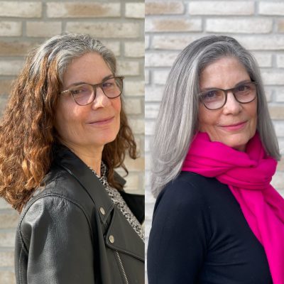 Natürlich graue Haare in Perfektion – Argent Royal Transformation Vorher-Nachher-Bild einer Frau beim Übergang von naturbraunem, graumeliertem Haar zu elegantem, silbergrauem Haar mit der Argent Royal Methode